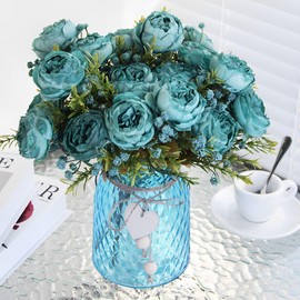 Leayiuvan Faux Flowers with Vase,21 Blue Silk Peonies Fake Flower with Vase,Elegant Artificial Flower Arrangement for Table,Ideal for Home Office,Living Room, Dining Table Centerpiece Decorations