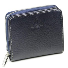 Hush Puppies Italian Leather Cowhide Round Zipper Bifold Wallet (Navy)