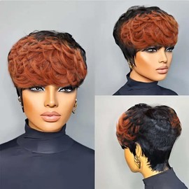 VRZ Short Curly Pixie Cut Wig Human Hair Short Wigs for Black Women pixie cut wigs human hair Short Human Hair Pixie Cut Glueless Wig Short Wigs Natural Curly with Brown R1B/350