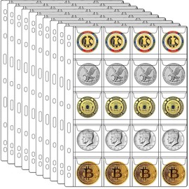 Ettonsun 200 Pockets Coin Binder Pages 10 Sheets Loose-Leaf Acid-Free Collection Holders for Medallion Coin Stamp Collecting Supplies (20-Pocket, 1.73x1.93 in)