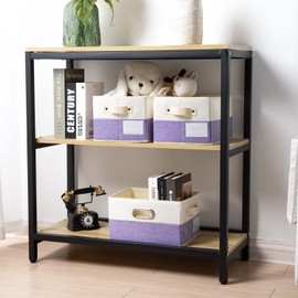 PRANDOM Fodable Storage Bins for Closet [3-pack] Decorative Fabric Storage Baskets Cubes with Leather/Metal Handles for Shelves Bedroom Living Room Purple&Cream (11.5x8.5x6.7 Inch)