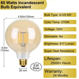 Wonninek G125 Edison Globe Filament Bulbs (1 Pack)- E26 Standard Base, Antique Incandescent Bulb 60W Equivalent, 2700K 817LM Non-Dimmable Round Edison Bulb for Bedroom Bathroom and Living Room
