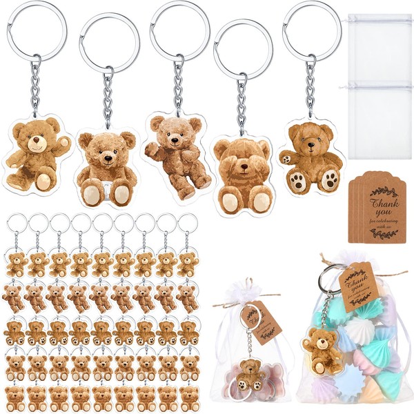 Wettarn 150 Pcs Bear Style Baby Shower Favors Party Favors, 50 Cute Keychain with 50 Organza Bags Thank You Kraft Tags and Rope for Guests Girls Boys Birthday Party Supplies