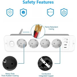 Inhwatek Versenkbare Steckdosenleiste mit 4 Steckdosen + 2 USB-A & 2 USB-C - Einbausteckdose für Küchenarbeitsplatte/Tisch, 2m Kabel, Möbelsteckdose mit USB Schnellladung (Withe)