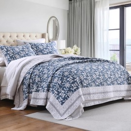 DDUOXIN Farmhouse Botanical King Quilt Set - 100% Cotton Quilts with 2 Pillow Shams, 3 Piece Bedspread Lightweight Bedding Sets for All Seasons, Blue/Gray, King(106" W x 98" L)