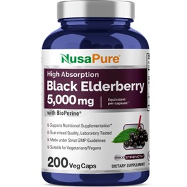 NusaPure Black Elderberry 50:1 Extract, 100 mg Equivalent to 5,000mg per Veggie Capsules, 200 Count (Non-GMO, Bioperine) Sambucus Supplement