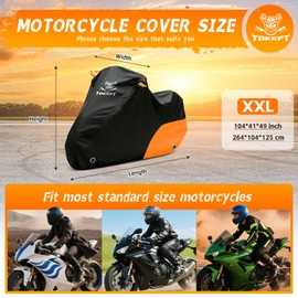 Tokept Motorcycle Cover All Season Waterproof Outdoor Protection Fits up to 104 Inch, Compatible with Cruisers & Tour Bikes with Locking Holes & Reflective Strips (Black&Orange)