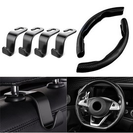 Steering Wheel Cover, Car Carbon Fiber Steering Wheel Cover, Segmented Steering Wheel Protector, Car Wheel Cover for Men/Women, Anti-Slip, Universal Fit for 99% Car Steering Wheel, With 4 Hook (Black)