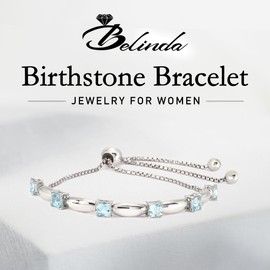 Belinda Jewelz - Birthstone Bolo Bracelet, Birthstone Bracelet with 6 Square-Cut Stones, 925 Sterling Silver Birthstone Bracelets for Women, Stackable Sky Blue Topaz Bracelet with Bolo Closure, 11”