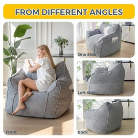 MAXYOYO Giant Bean Bag Chair for Adults, Large Stuffed Bean Bag Couch with Filler Living Room Bean Bag Chair with Armrest, Accent Chair Sofa Floor Chair with Pocket for Dorm Reading, Grey