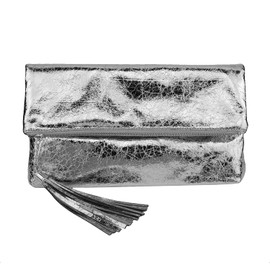 JNB Women's Cracked Metallic Fabric Foldover Clutch with Tassel, Silver