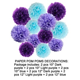 12pcs Dark Purple,Light Purple and Blue Paper Pom Poms Decorations for Party Decorations - 3 Colors of 12 Inch, 10 Inch