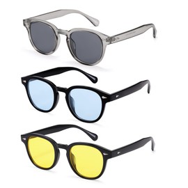 Hycredi Retro Round Sunglasses for Men Women - Vintage Circle Style Shades - 3 Pack Trendy Tinted Sun Glasses - Black/Blue + Black/Yellow + Transparent Grey/Grey