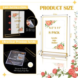 Handepo 8 Pcs Acrylic Sign Holder 8.5x11 Gold Frames Double Sided Acrylic Vertical Picture Table Menu Number Flyer Sign Holder Display Stand for Photos Wedding Table Number