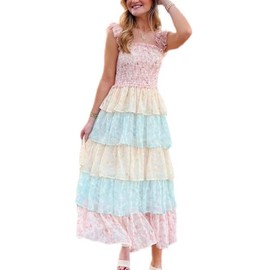 Y2k Patchwork Floral Maxi Dress Boho Flowy Ruffle Tiered Summer Dress Cute Beach Smocked Long Sundresses for Women