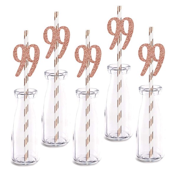 Rose Happy 99th Birthday Straw Decor, Rose Gold Glitter 24pcs Cut-Out Number 99 Party Drinking Decorative Straws, Supplies