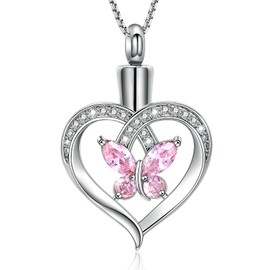Oinsi Heart Cremation Jewelry Crystal Butterfly Urn Necklace for Ashes Stainless Steel Ash Necklace Memorial Keepsake Lokets for Ashes for Women(Pink Stone)