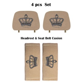 ALLBrand Car Truck Universal Fit Crystal Bling Rhinestone Studded Beige Seat Headrest and Seat Belt Shoulder Strap Covers - Pack of 4 (Crown-Beige)