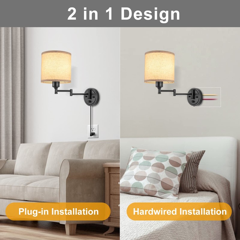 GOODATE ENCOMLI Dimmable Plug in Wall Sconces, Swing Arm Wall