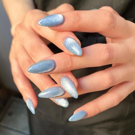 Cat Eye Light Blue Press On Nails Medium Short Almond Shaped - 30Pcs Stiletto Fake Nails Acrylic Press ons Natural Thick Gel Nails Short Glue on Nails Opaque Glitter False Nails for Women No Glue