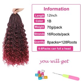 WoWCFyyds 8 Packs Crochet Braids Hair Curly 12 Inch Goddess Box Braids Crochet Hair Bohemian Hippie Braids Extensions with Curly Ends Synthetic Hair Extensions for Braids（1B/Bug）