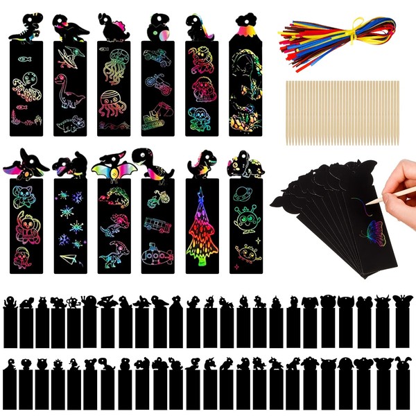 RosewineC 60 Pcs Scratch Art Bookmarks for Kids, Rainbow Magic Scratch Paper Bookmark with 60 Colorful Satin Ribbons and 30 Stylus for Scratch Art Party Bag Fillers