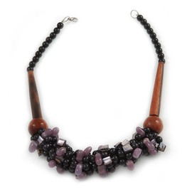 Avalaya Chunky Cluster Black Ceramic Beads, Purple Shell Nuggets Wood Bar Necklace - 48cm Long