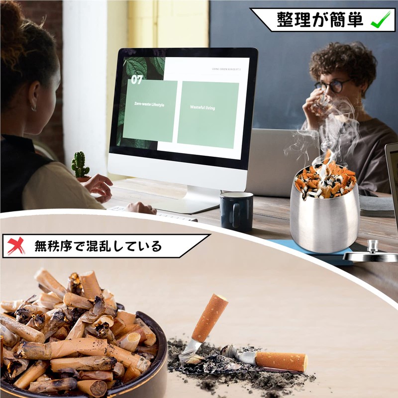 Stainless Steel Ashtray with Lid - Non-skid Base Ashtray, Portable