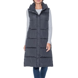 S.E.B Women's Long Puffer Vest, Hooded Faux Down Sleeveless Puffy Vest for Winter (US, Alpha, Small, Regular, Regular, Black)