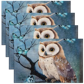 Erosebridal Set of 4 Cartoon Owl Place Mats for Adult Teens Blue Butterfly Table Mats Magic Snowflake Placemats Branch Winter Snow Waterproof Placemats for Dining Table Anti Slip 12x18 Inch, GH1554SXY-CD_45x30x4