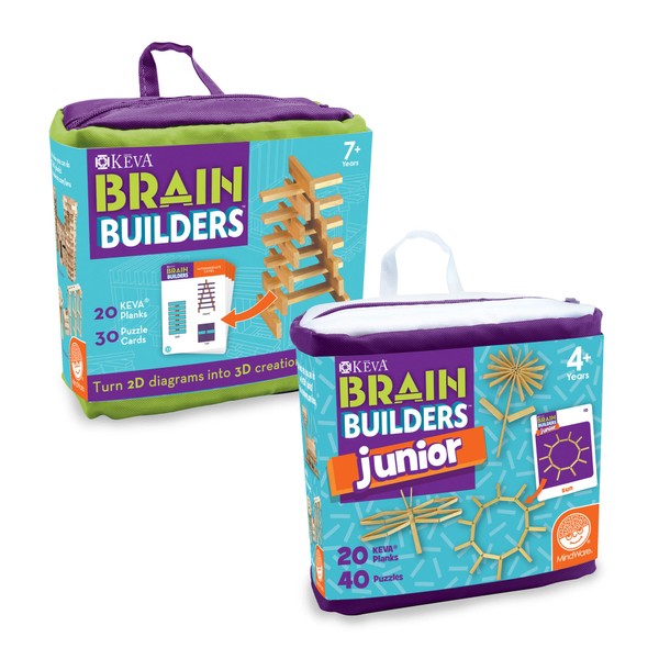MindWare KEVA Set of 2 Brain Builders Junior & Regular Kits - 3D STEM Challenges for Boys & Girls - 40 Planks & 70 Puzzles Total