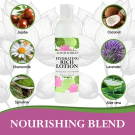 Hydrating Rich Massage Lotion by Lotus Touch - 100% Pure Jojoba & Coconut Oils Plus Herbal Extracts - Unscented - Max Glide, Rich Workability Without Stickiness - Deep Tissue Massage - (8 Ounces)