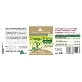 Omega-3 Forte Vegan Dr. Michalzik Daily Dose Omega 3 Algae Oil (Microalgae Schizochytrium) [1140 mg] DHA [780 mg] EPA [300 mg] No Additives BIOTIKON®