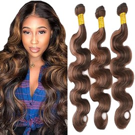 Tuheerst Body Wave Human Hair Bundles P430 Highlight Brown Human Hair Extensions Real Hair Wefts Bundles 3 Bundles Double Weft Remy Hair for Woman 34 Inches