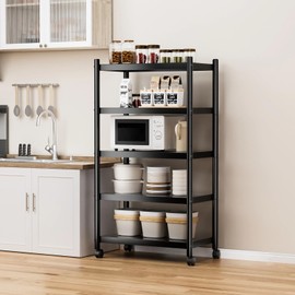 VETALLO 5-Shelf Utility Metal Shelving Storage Rack Adjustable Heavy Duty Shelves Standing Units with Wheels, for Home Pantry,Garage,Closet,Kitchen,Laundry,Bathroom (Black,35.4" L x 16.9" W x 62.2" H)