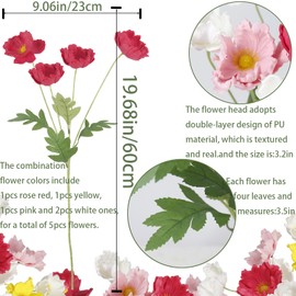 ACRYCS 5 Pcs Artificial Poppies Flowers Artificial Silk Poppy Flowers with Stems Real Touch Faux Poppy Spring Flower for Home Wedding Decorations Floral Arrangement Table Centerpiece