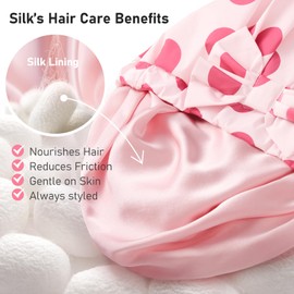 LitBear Luxury Silk Lined Shower Caps for Women Reusable Waterproof, Double Layered Large Bathing Hair Cap with Adjustable Elastic Strap, Non-slip, Quick-dry, for Long Short Hair, Pink Dots