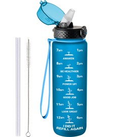 GOPPUS 1L/32oz Tritan Water Bottle with Straw Matte 1 Litre Sports Bottle with Time Markings Motivational Drinking Bottles with Measuring Reusable Gym Bottles Leakproof Bottles BPA Free for Men Women