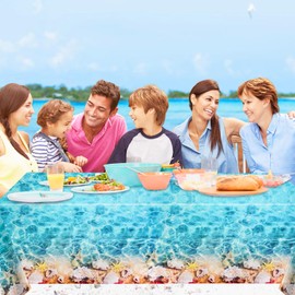 PHOGARY 137 * 274cm Ocean Waves Plastic Tablecloth, Blue Water Print Table Cloth, Summer Decorations Beach Pool Underwater Under The Sea Party Ocean Themed Party Decorations