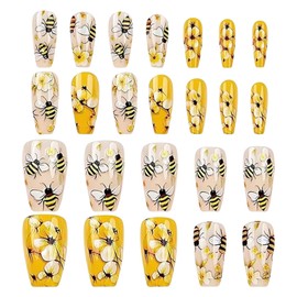 Press on Nails,Press on False Nails | Manicure Art Accessories, Set of 24 Bee and Flower False Fingernails for Dance Travel