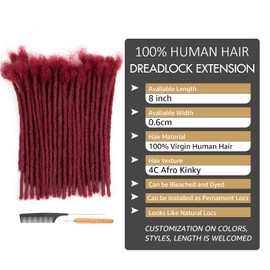 DAIXI 0.6cm Thickness #Burgundy 8 Inch 10 Strands 100% Real Human Hair Dreadlock Extensions for Man/Women Full Head Handmade Permanent loc Extensions Bundles Can Be Dyed Bleached Curled and Twisted