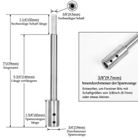 178 mm Extra Long Drill Bit Extension for Round or Hexagonal Shafts Forstner Drill Bit with 3/8 Inch Shank, Extension Shaft Extension Shank For Extra Deep Hole Milling and Breakthroughs