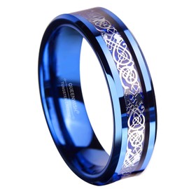 QUEENWISH 6mm Blue Tungsten Carbide Ring Celtic Dragon Blue Carbon Fibre Inlay Women Mens Wedding Band Jewelry Size 6