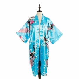 Asian Home Flower Peacock Satin Silk Kimono Robe, Dressing Gown, Bridal, Gift...