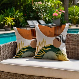 Jayusaror Outdoor Cushion Cover 40 x 40 cm Weatherproof Orange Green Sofa Cushion Cover Boho Modern Minimalist Geometric Tropical Leaves Summer Cushion Covers for Sofa Garden Decoration Set of 2
