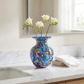 Round Glass Vase for Home Decor, Hand Blown Vase for Flowers, Boho Colored Art Glass Vases for Modern Dinner Table Funky Centerpieces Office Desktop Countertop TV Stand Decor (Blue)
