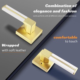 EHOMEWARE 4 Pack Gold Door Handle with White Leather, Brass Passage Door Levers Door Handle Sets Hallway Closet Door Lever Handle Without Lock, Keyless Door Levers for Left/Right Handing