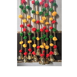 Sphinx Pom-poms Beads & Golden Hanging Bells Strings/Garlands/torans/Wall hangings for Decoration (Approx 4.8 ft) - Pack of (10)