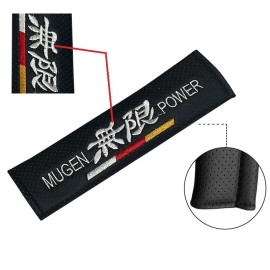 2x JDM MUGEN Embroidery Black Leather Car Seat Belt Covers Shoulder Pads Cushion