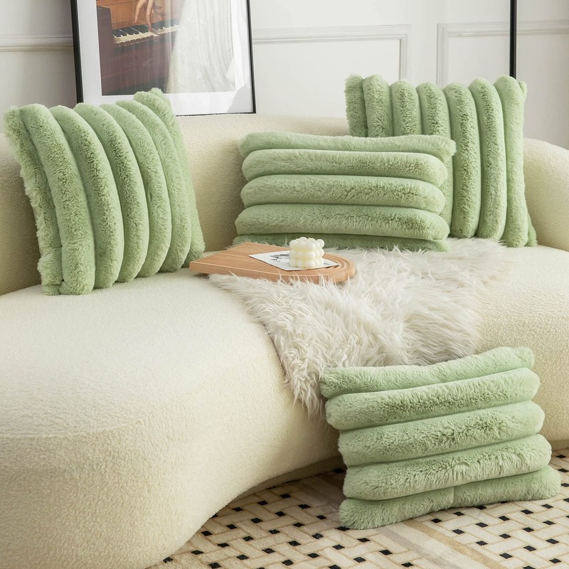 Neelvin Green Faux Fur Cozy Soft Striped Decorative Throw Pillow